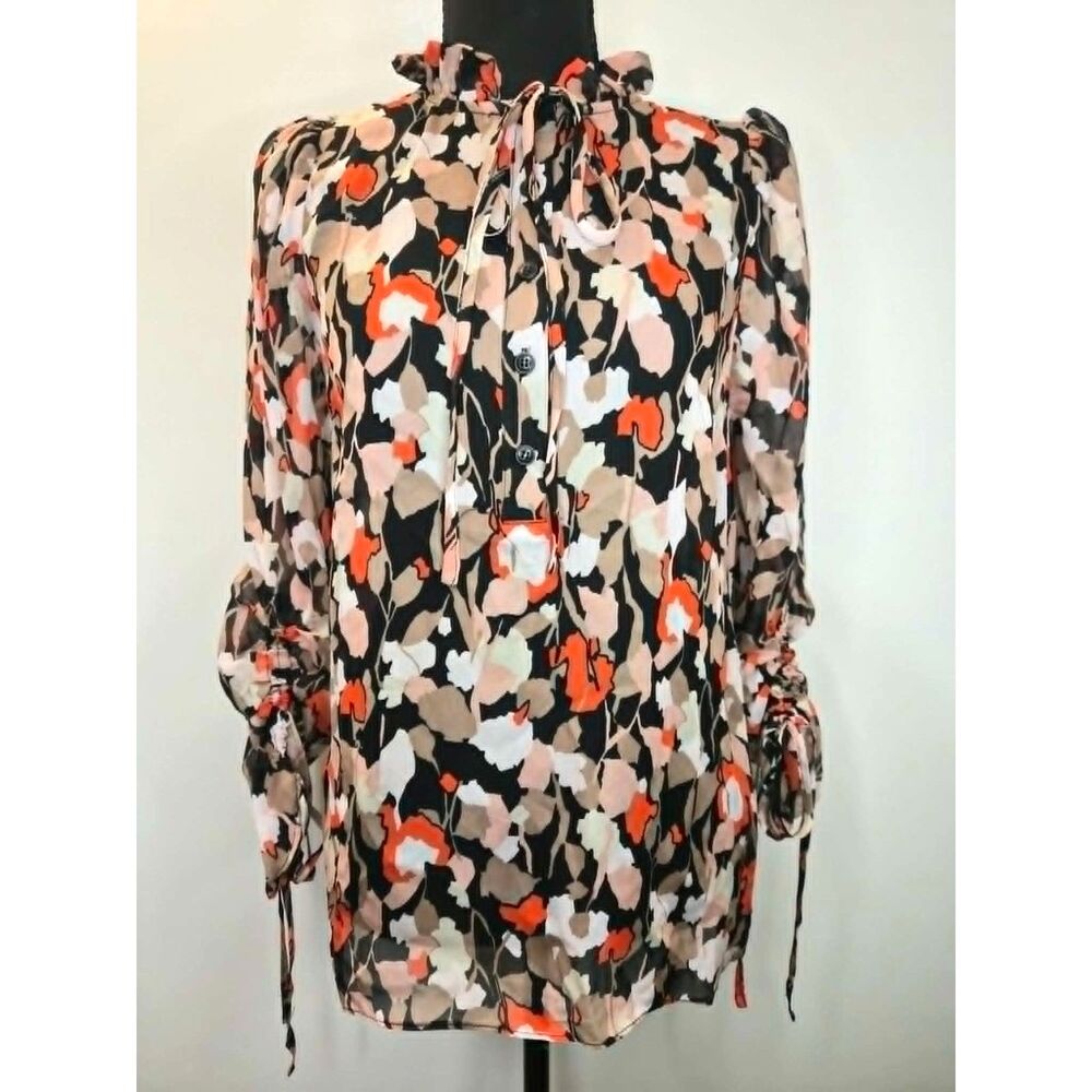 Ted Baker Vanessa Blouse Floral Tie Neck Top Ruched Peasant Quiet Luxury Sheer